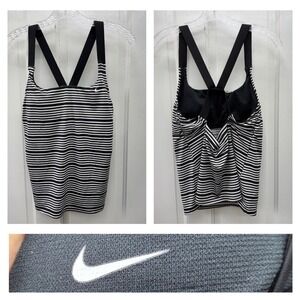 Nike Women's Large Swim Top Tankini Black White Stripe Cross Back Removable Pads